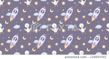 Seamless cute baby pattern with goose in space on purple dark background, child textile design 128003301