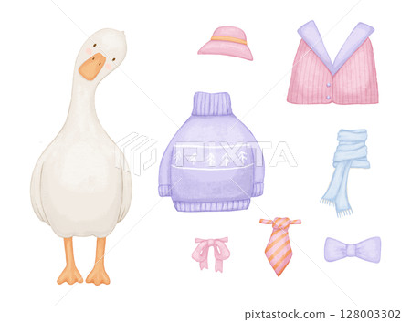 Cute silly watercolor goose and clothes constructor, children illustration isolated on a white background, funny art for baby 128003302