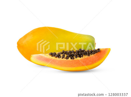 Ripe papaya fruits isolated. Whole papaya fruit a slice with seeds. Ripe papaya fruits isolated. Whole papaya fruit a slice with seeds. 128003337