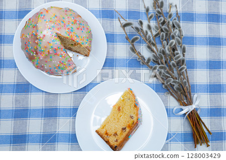 Delicious Easter cake on white background 128003429