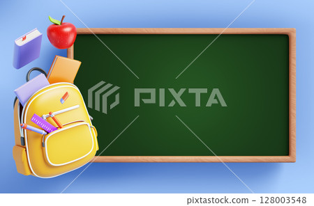 Back to school 3d banner with blank green blackboard, yellow backpack with books, apple, pen, pencil, ruler, eraser on blue wall background. Welcome poster or sale promotion concept. 3D illustration 128003548