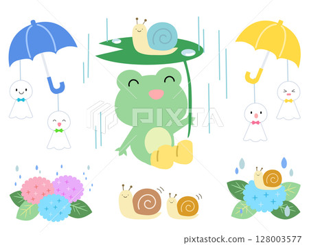 雨季插圖集：青蛙、蝸牛、雨傘、雨、繡球花、向量插圖 128003577