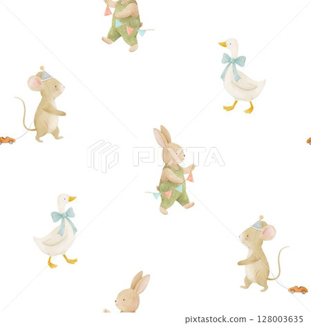 Seamless watercolor baby pattern with bunny, duck, and mouse in pastel tones. Ideal for nursery wallpaper, kids fabric, baby shower invites, and playful textile designs. 128003635