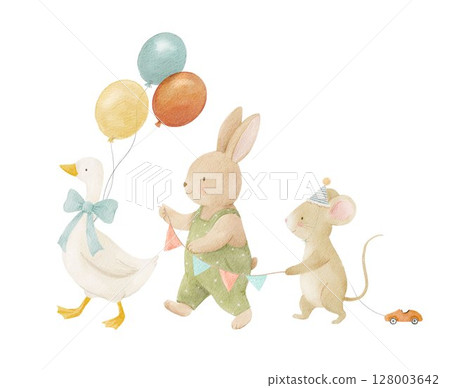 Adorable watercolor illustration of a duck, bunny, and mouse in a festive parade with balloons and flags. Ideal for baby decor, nursery prints, and children's party invitations. 128003642