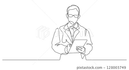 doctor in hospital gown using digital tablet one line drawing 128003749