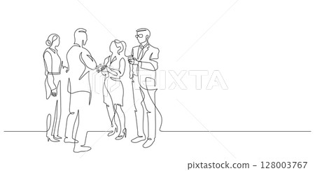 business event talking group one line drawing continuous 128003767