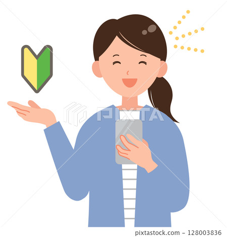 一位初學者女性拿著智慧型手機大笑的插圖 128003836