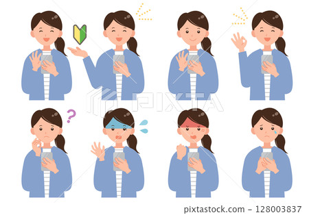 Set of 8 illustrations of a woman holding a smartphone Set of 8 illustrations of a woman holding a smartphone 128003837