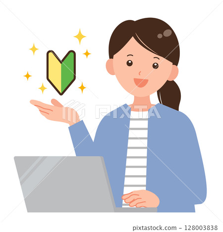 Illustration of a woman with a beginner's mark working on a laptop Illustration of a woman with a beginner's mark working on a laptop 128003838