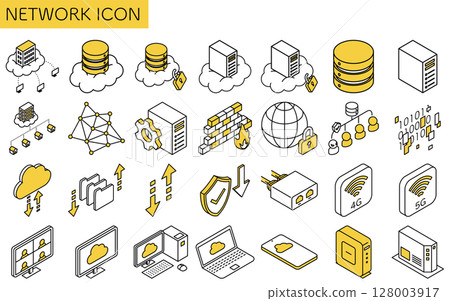 網路圖像插圖、雲端和伺服器安全措施等距線圖標 128003917