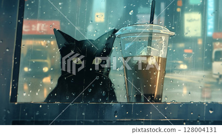 背景插圖：下雨天，在咖啡館與黑貓和冰咖啡共度安靜時光 128004131