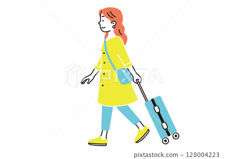 一位女士帶著行李箱旅行的側視圖 一位女士帶著行李箱旅行的側視圖 128004223