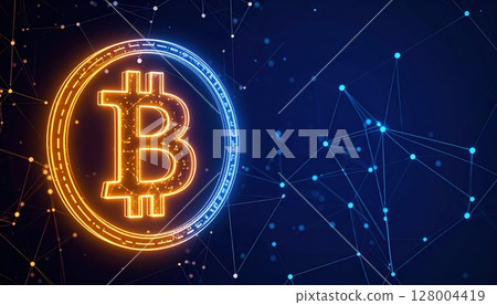Bright neon Bitcoin symbol glowing in futuristic digital network with connecting lines and dots representing blockchain technology and cryptocurrency concept 128004419