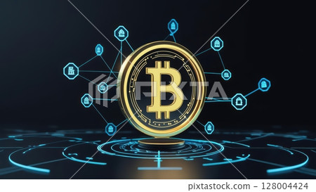 Digital Bitcoin currency coin with blockchain connections representing cryptocurrency technology and virtual financial transactions in a futuristic style Digital Bitcoin currency coin with blockchain connections representing cryptocurrency technology and virtual financial transactions in a futuristic style 128004424