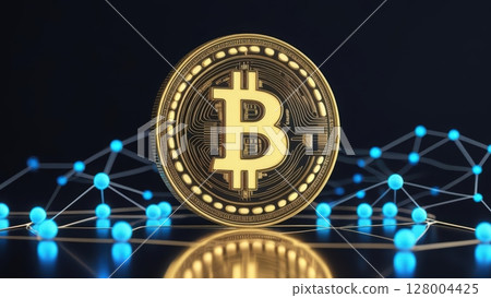 Digital Bitcoin cryptocurrency coin with blockchain network connection concept representing digital currency and financial technology innovation 128004425