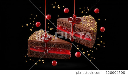 Delicious chocolate cake slices with red berry filling and dripping syrup on black background Delicious chocolate cake slices with red berry filling and dripping syrup on black background 128004508