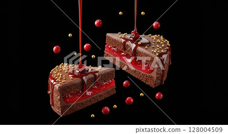 Flying chocolate cake slices with berry jam pouring sauce cranberries and golden sprinkles Flying chocolate cake slices with berry jam pouring sauce cranberries and golden sprinkles 128004509