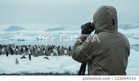 Wildlife observer using binoculars to watch penguin colony in Antarctic landscape Wildlife observer using binoculars to watch penguin colony in Antarctic landscape 128004510