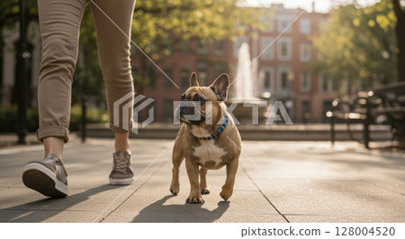 Cute french bulldog walking obediently beside its owner on a sunny city sidewalk 128004520
