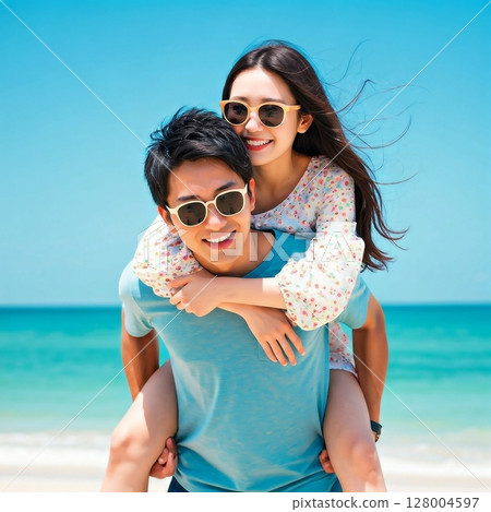 Couple wearing sunglasses and carrying each other on the beach 128004597