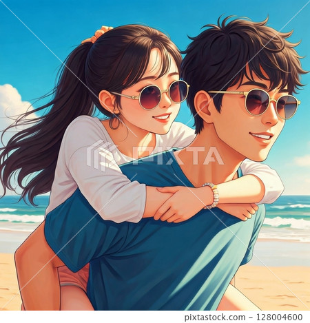 一對夫婦戴著太陽眼鏡在海灘上互相抱著 一對夫婦戴著太陽眼鏡在海灘上互相抱著 128004600