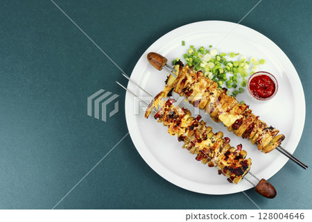 Bacon and fried potatoes, BBQ. Bacon and fried potatoes, BBQ. 128004646