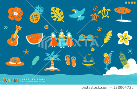 Watercolor summer Hawaii beach and sea hibiscus flowers and plants icon illustration 128004723