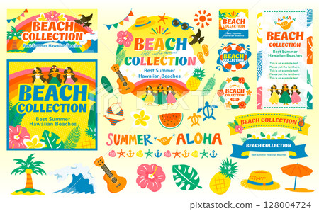 A frame background material with text and flowers and items scattered on a summer Hawaiian beach landscape A frame background material with text and flowers and items scattered on a summer Hawaiian beach landscape 128004724