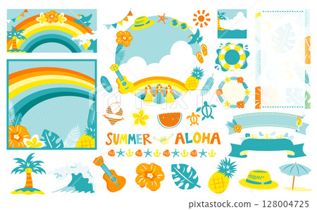 以散落在夏日夏威夷海灘風景上的鮮花和物品作為背景材料的框架_包含手寫文字 128004725