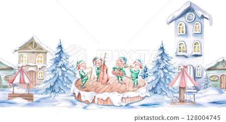 Seamless border with a quartet of elves and snow-covered houses. Isolated watercolor illustration on a Christmas theme for the design of New Year festivals, concerts, invitations, cards, interior. 128004745