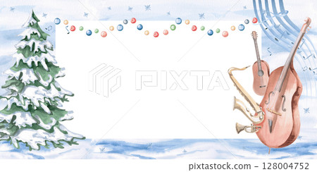 Rectangular frame with a Christmas tree, garland and musical instruments. Isolated watercolor illustration on a Christmas theme for the design of musical New Year festivals, concerts, invitations. 128004752