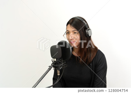 Woman (LGBTQ) singer sing a song with microphone Woman (LGBTQ) singer sing a song with microphone 128004754