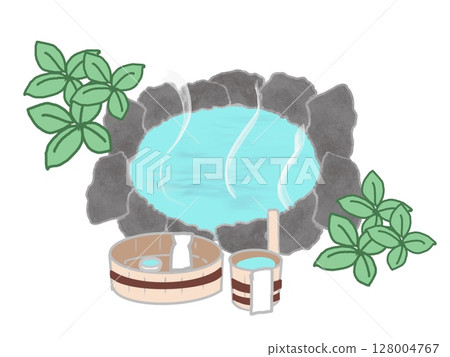 帶有露天浴池和裝滿清酒的桶的風景插圖 帶有露天浴池和裝滿清酒的桶的風景插圖 128004767