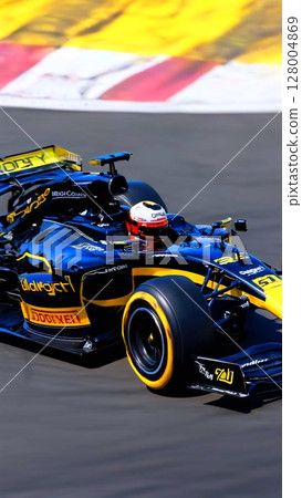 Sleek formula one car rushes along clean asphalt, leaving dramatic marks as sunlight reflects off aerodynamic body, embodying ultimate racing precision and power. 128004869