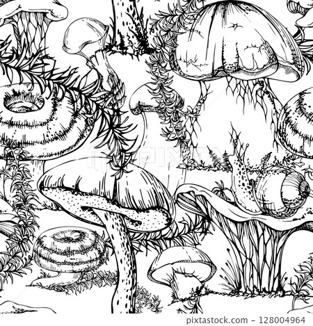 Golden chanterelle girolle, russula webcap birch bolete suillus slippery jack mushrooms, horsetail plant stalks. Fungi nature seamless pattern tile hand drawn in vector ink. Wild food market packaging 128004964