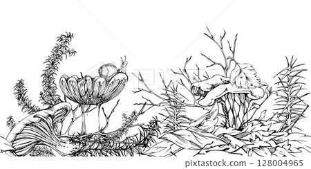 Golden chanterelle girolle, russula cortinarius webcap mushroom on top of fallen autumn leaves pile with twigs, branches. Fungi nature seamless banner hand drawn in vector ink. Linens kitchen stencils 128004965
