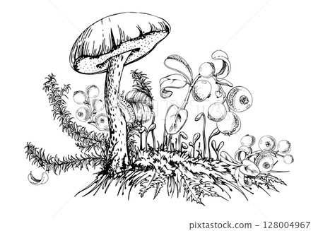 Birch bolete cep leccinum mushroom fungus, scaber stalk with snail, horsetail plant, cranberry lingonberry berries twigs on top of moss cushion with spore stalks. Illustration hand drawn in vector ink 128004967
