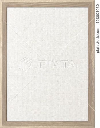 Vertical background image of a white cotton linen canvas board with a wooden frame and a white brown wooden border 128005080