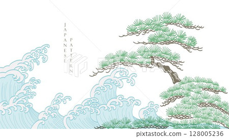 Japanese background with bonsai tree pattern vector. Cultural art template with geometric wave pattern. Natural layout design in oriental style 128005236