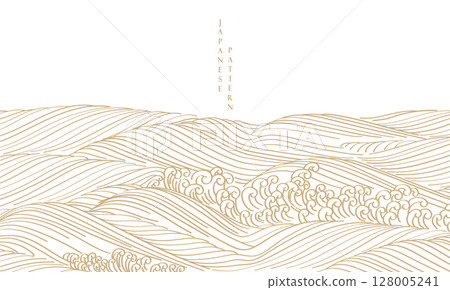 Japanese background with hand drawn line wave element vector. Oriental natural pattern with ocean sea decoration banner design in vintage style. Marine template. 128005241