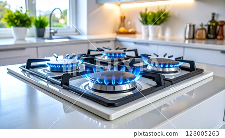 White gas stove with metal burners in a domestic kitchen interior, perfect for home cooking White gas stove with metal burners in a domestic kitchen interior, perfect for home cooking 128005263