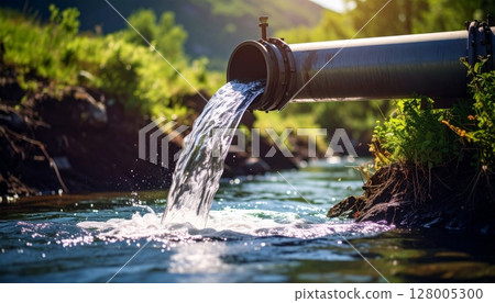 Splashing water fountains grace the green park, a refreshing blue liquid in the summer nature 128005300