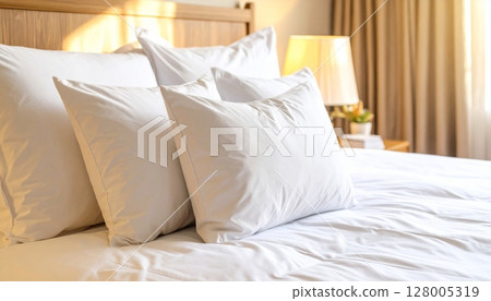 Luxury hotel bedroom interior with comfortable double bed, clean bedding, and soft pillows Luxury hotel bedroom interior with comfortable double bed, clean bedding, and soft pillows 128005319