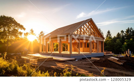 Ancient Asian wooden house on the lake at sunset, a serene blend of traditional architecture and natural beauty Ancient Asian wooden house on the lake at sunset, a serene blend of traditional architecture and natural beauty 128005329