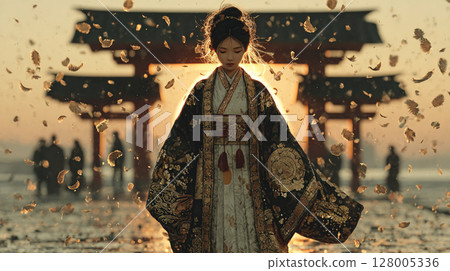 A woman in a kimono illuminated by the setting sun A woman in a kimono illuminated by the setting sun 128005336