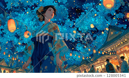 Fantasy flowers blooming on a summer night and a woman in a yukata 128005341