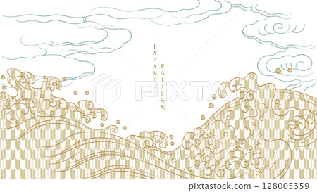 Japanese background with line Chinese cloud and wave and geometric pattern vector. Abstract template with natural pattern in oriental style 128005359