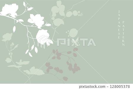 Hand drawn branch of flower with Japanese pattern vector. Oriental decoration with logo design, flyer or presentation in vintage style. 128005378