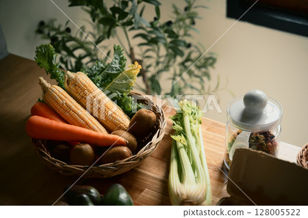 Colorful raw vegetables and fruits ready for cooking nutritious meals at home Colorful raw vegetables and fruits ready for cooking nutritious meals at home 128005522