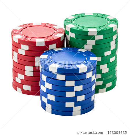 A colorful stack of casino poker chips symbolizes the exciting gamble of a Las Vegas game, representing risk, chance, and the thrill of winning money 128005585
